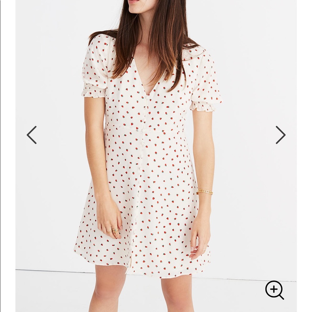 Madewell silk strawberry button dress puff sleeve